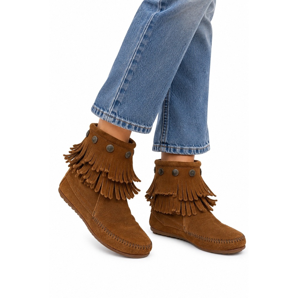 Minnetonka 693 Double Fringe Suede Moccasin Boots Brown Women's 8 Western